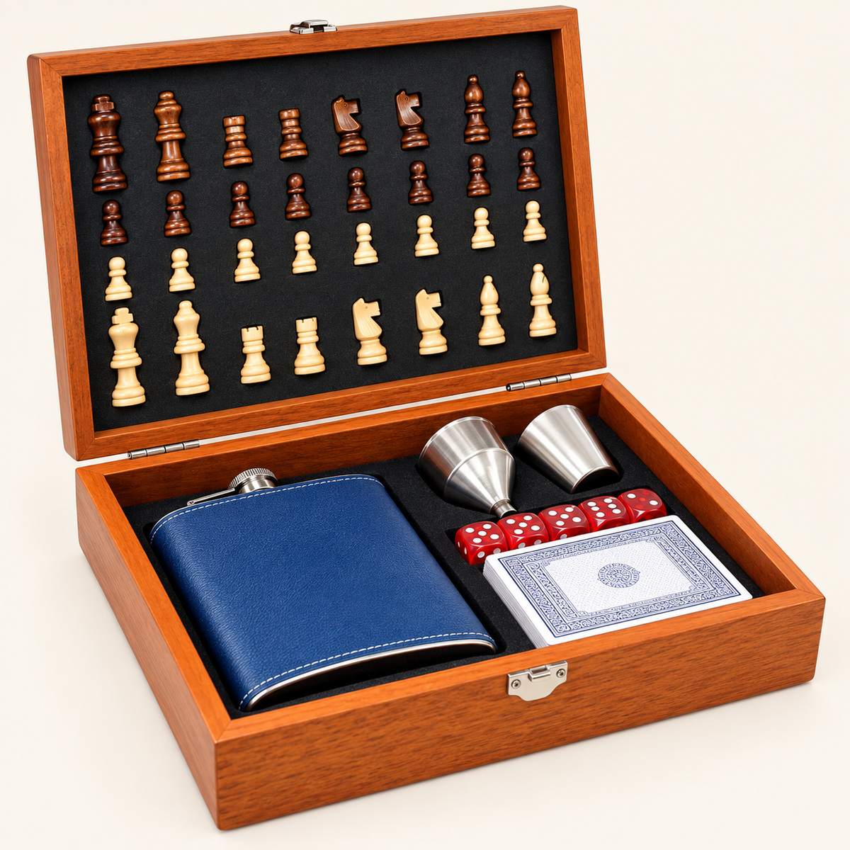Hip Flask w/ Cup, Funnel & Chess Set, Playing Cards Set