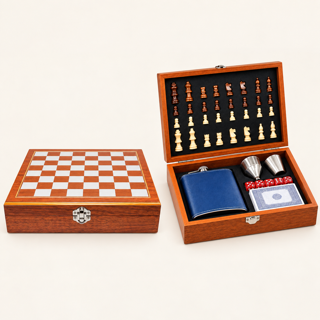 Hip Flask w/ Cup, Funnel & Chess Set, Playing Cards Set