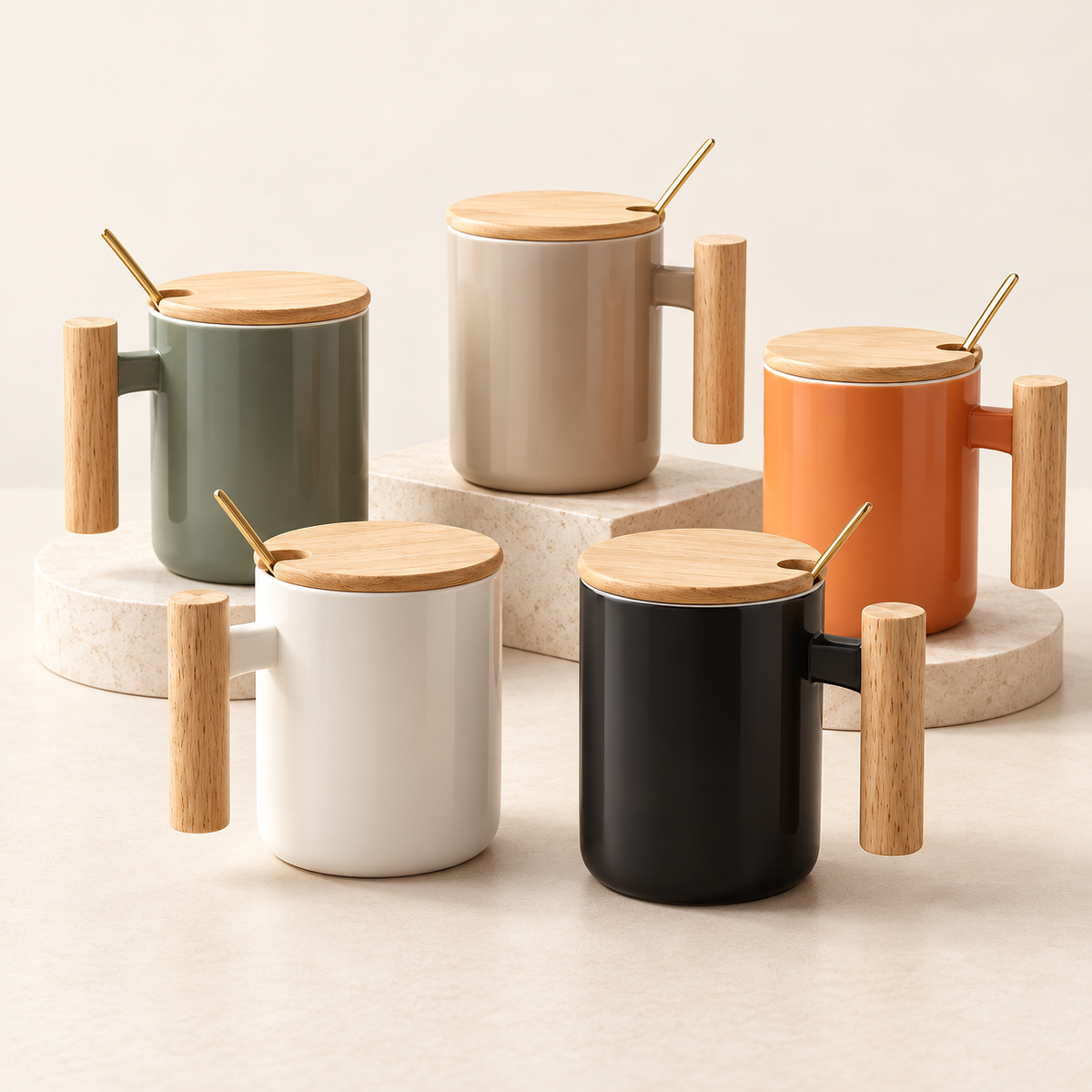 Nordic Ceramic Mug with Wooden Lid