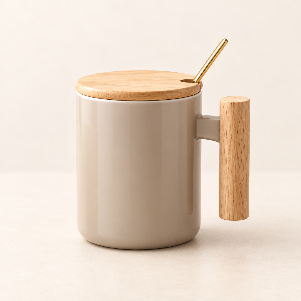 Nordic Ceramic Mug with Wooden Lid