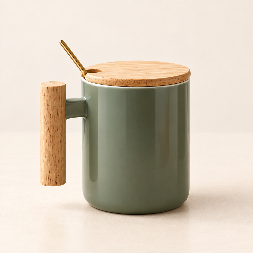 Nordic Ceramic Mug with Wooden Lid