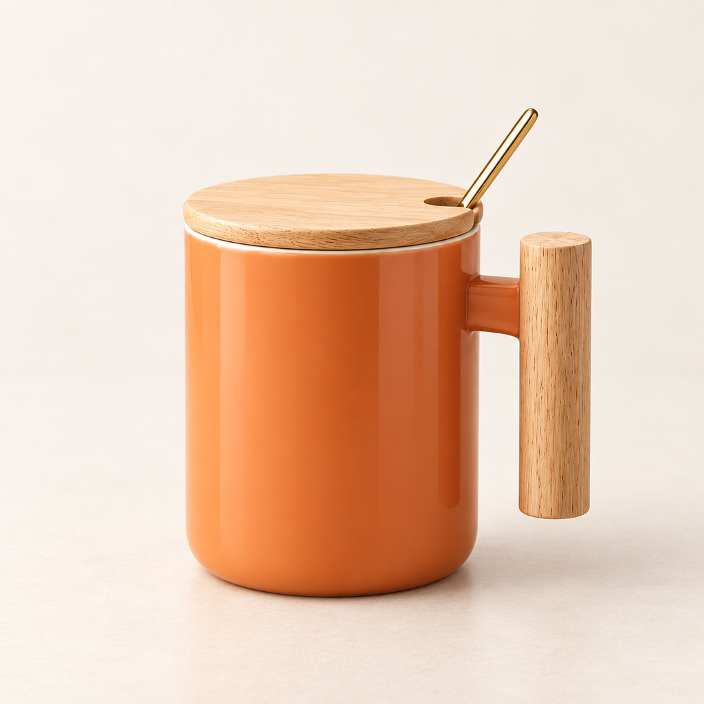 Nordic Ceramic Mug with Wooden Lid
