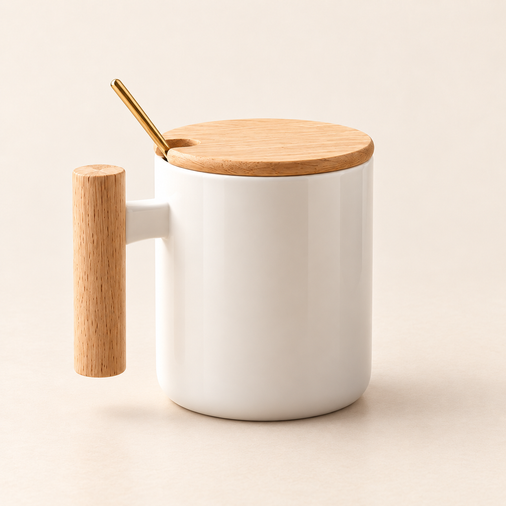 Nordic Ceramic Mug with Wooden Lid