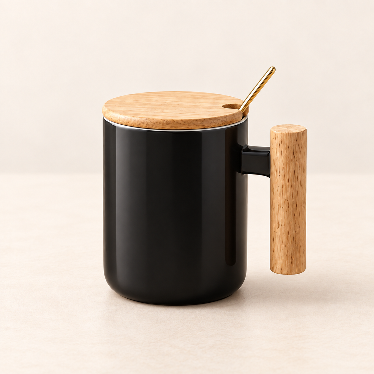 Nordic Ceramic Mug with Wooden Lid