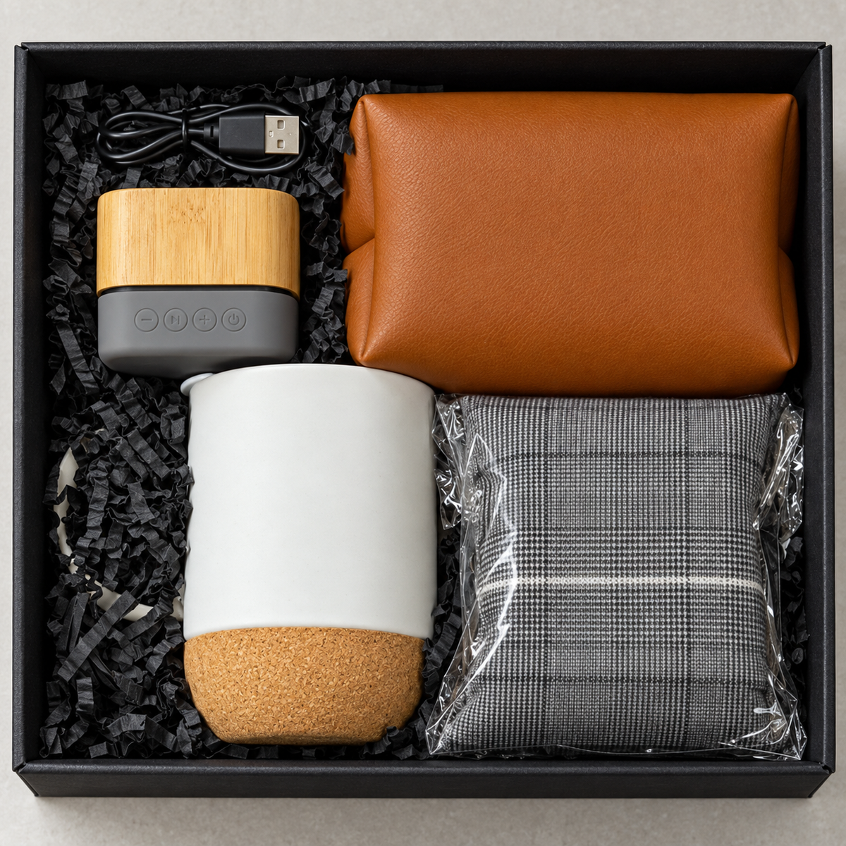 Leather Vanity, Cork Mug, Aromatherapy Pillow & Wooden Speaker Medium Hard Box Set