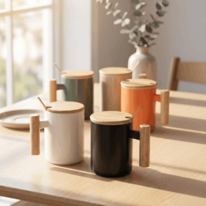 Nordic Ceramic Mug with Wooden Lid